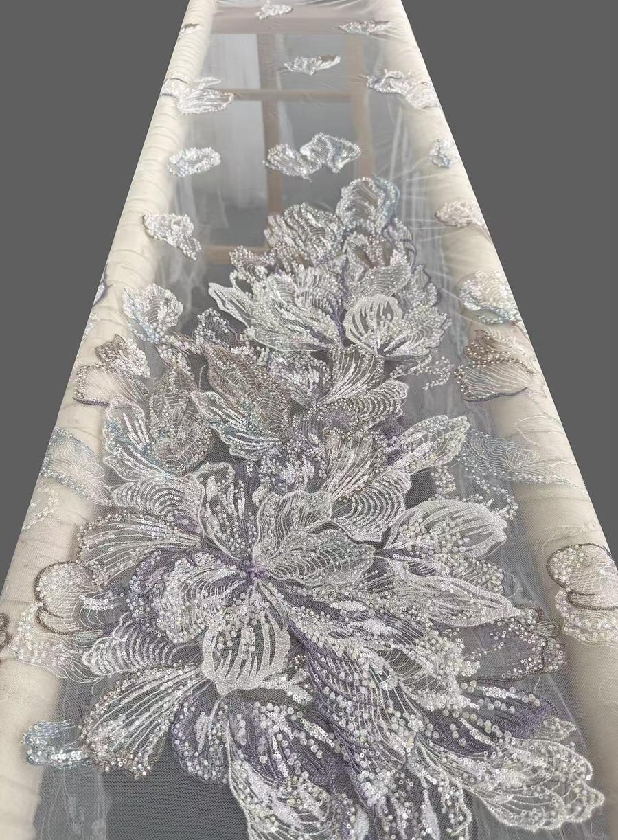 3D peony applique lace with sequins and pearls