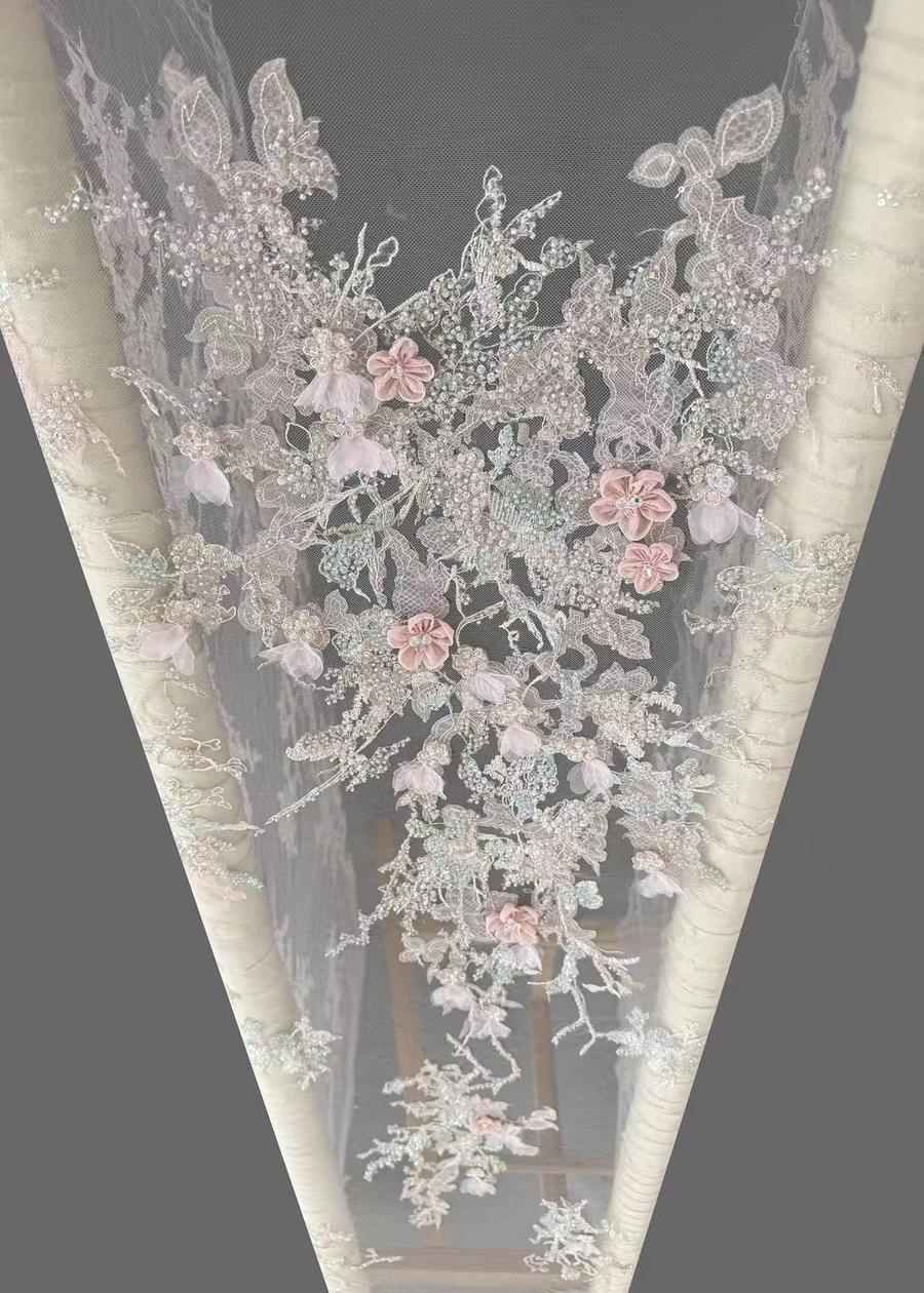 Pastel 3D floral lace with crystals, blush tones