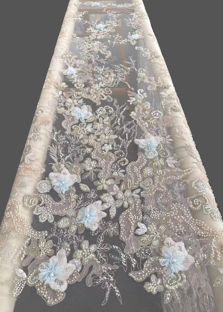 Blue 3D blossom lace with gold thread embroidery