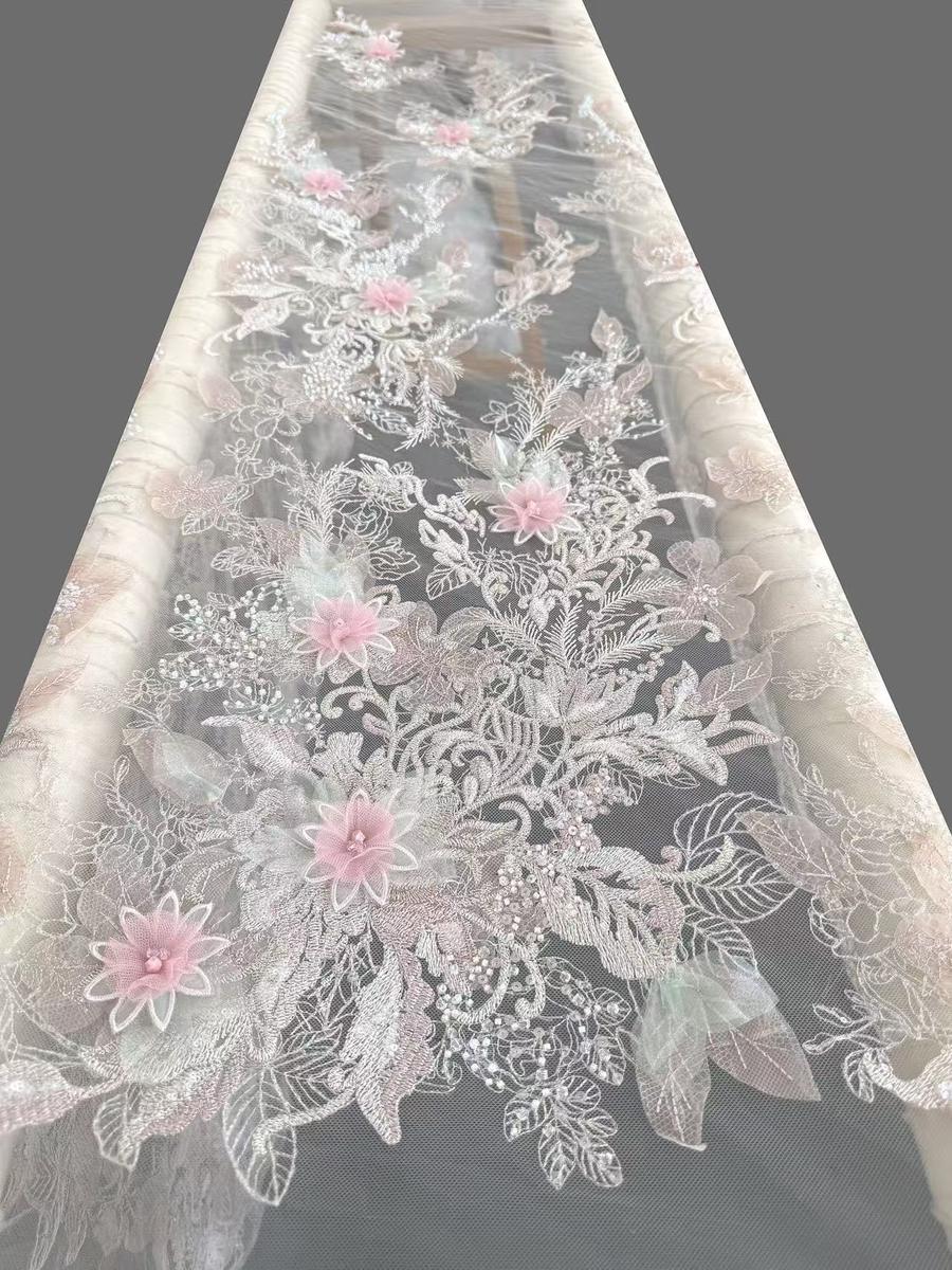 Pink 3D flower lace on embroidered tulle