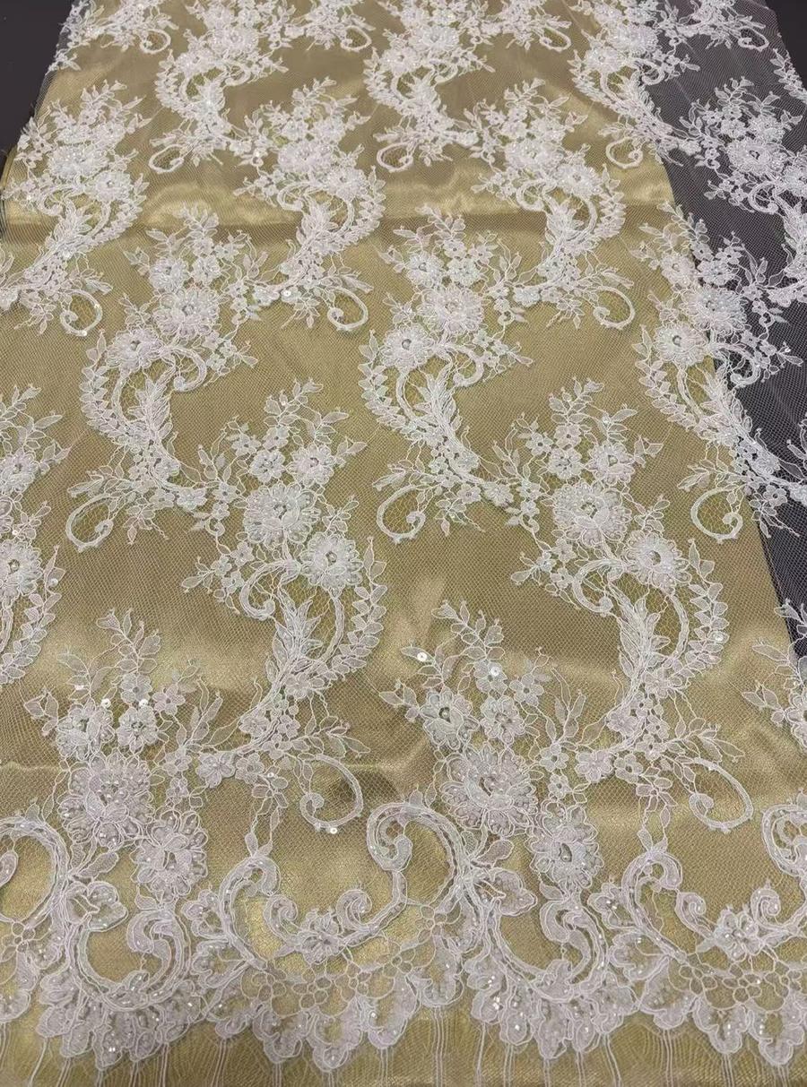 Beaded scroll-pattern French coupon lace