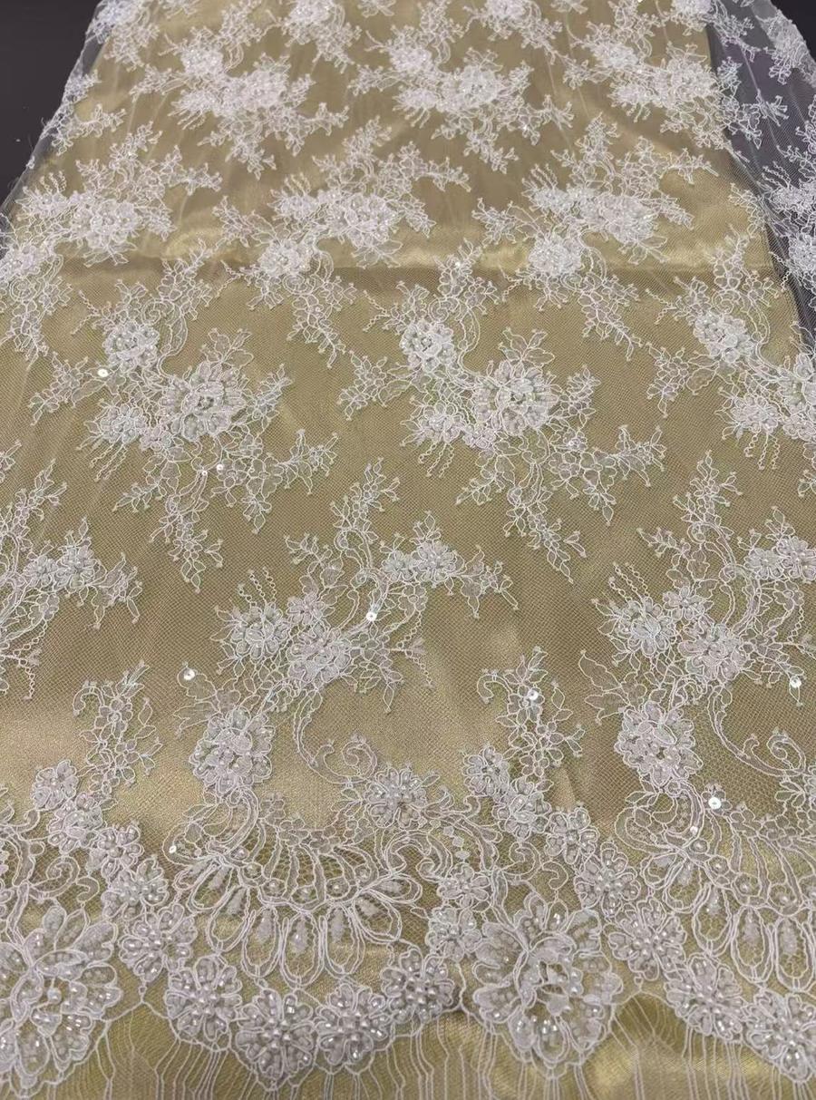 Beaded corded French coupon lace