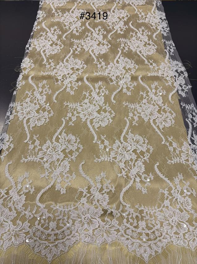 Corded French coupon lace with pearls and sequins